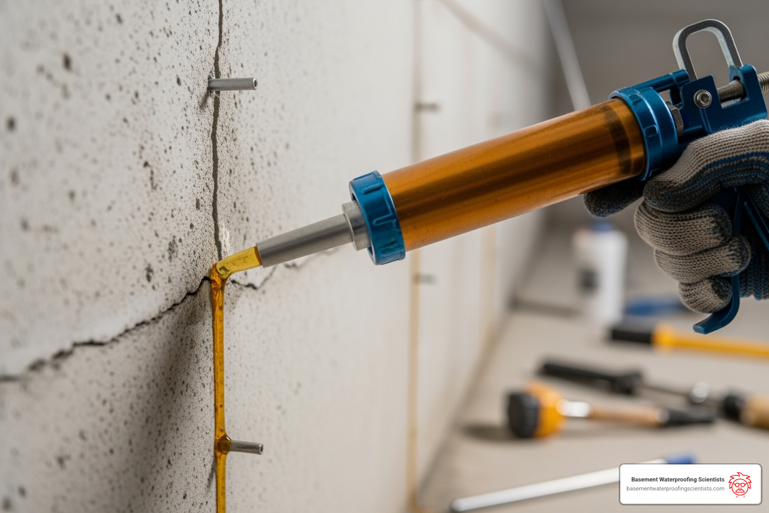 Image of a professional performing an epoxy injection repair on a basement wall - small foundation cracks