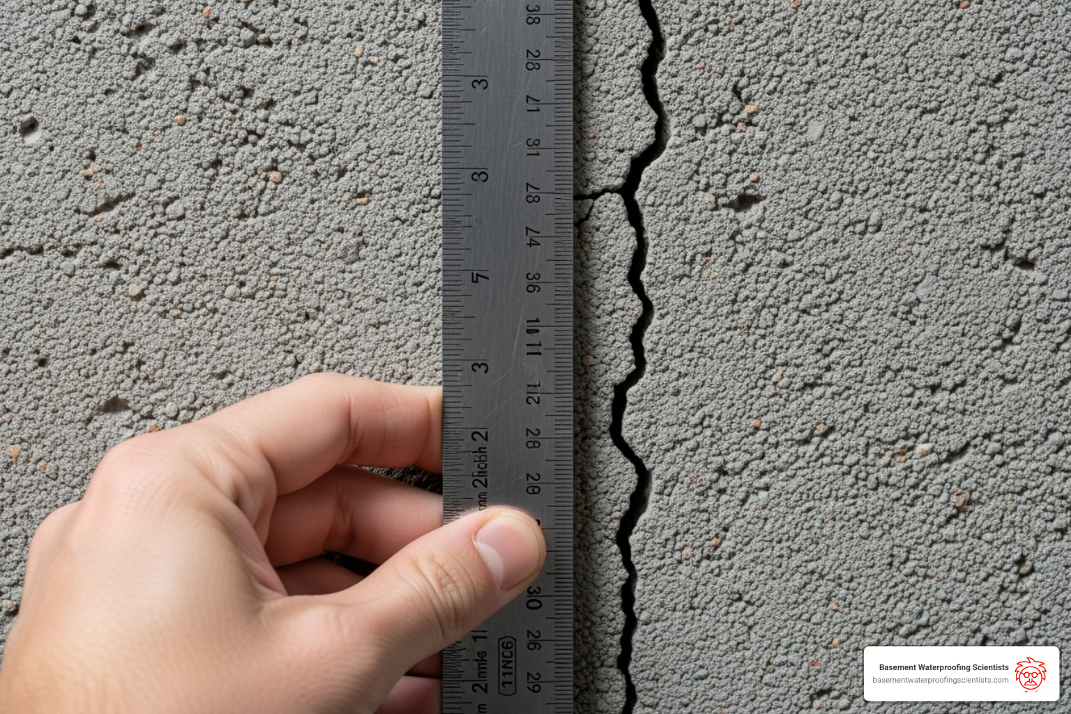 Image of a person measuring a foundation crack with a ruler or coin - small foundation cracks