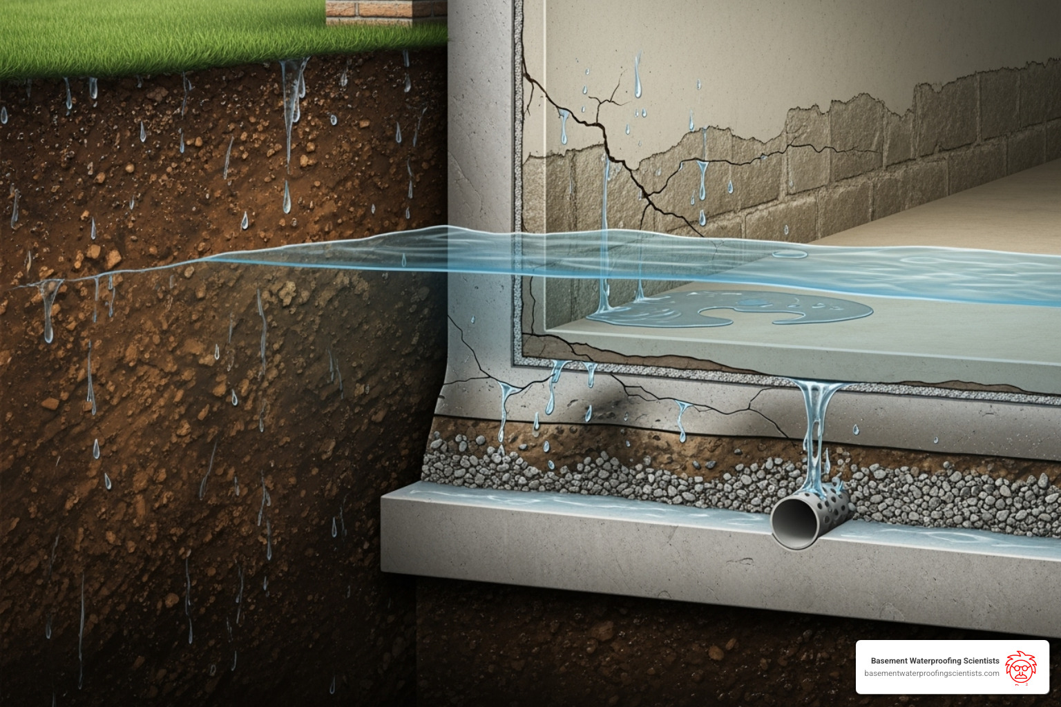 Image illustrating hydrostatic pressure pushing against a foundation wall - small foundation cracks