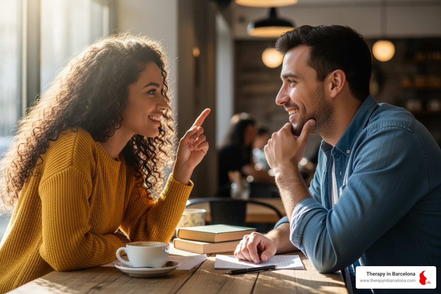 A happy couple playfully quizzing each other about their Love Maps - gottman exercises for couples A happy couple playfully quizzing each other about their Love Maps - gottman exercises for couples