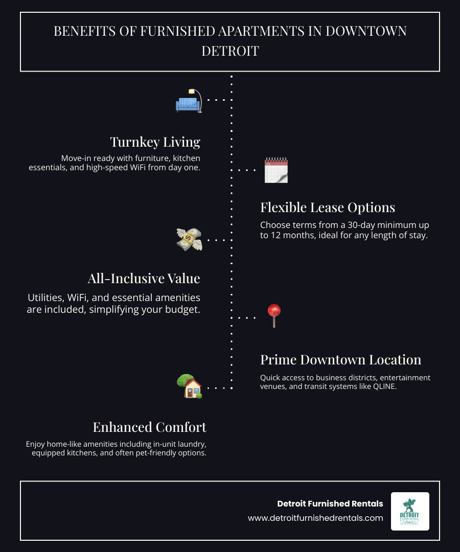 Infographic showing the benefits of furnished apartments in downtown Detroit including move-in ready convenience, flexible lease terms from 30 days to 12 months, all-inclusive utilities and WiFi, proximity to major venues like Ford Field and Comerica Park, and pet-friendly options with dedicated workspaces for professionals - furnished apartments downtown detroit infographic infographic-line-5-steps-dark