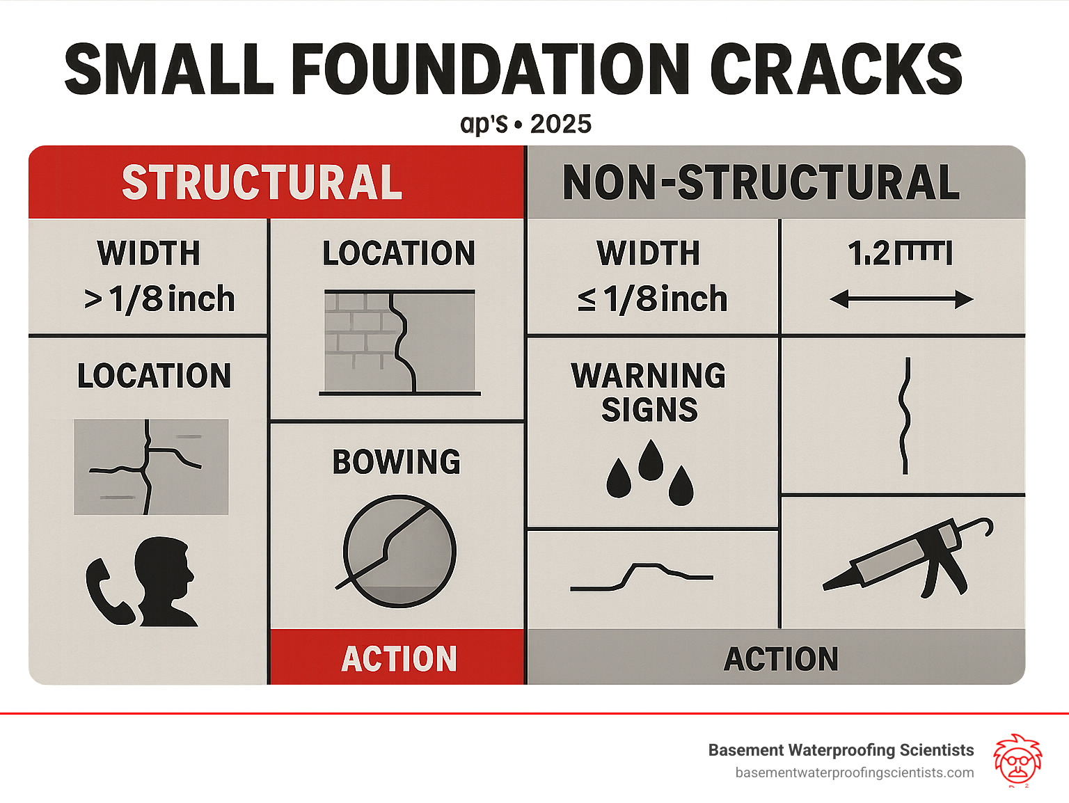 Infographic showing visual comparison of structural versus non-structural foundation cracks, including width measurements, typical locations, warning signs like water seepage or wall bowing, and recommended actions for each type - small foundation cracks infographic 
