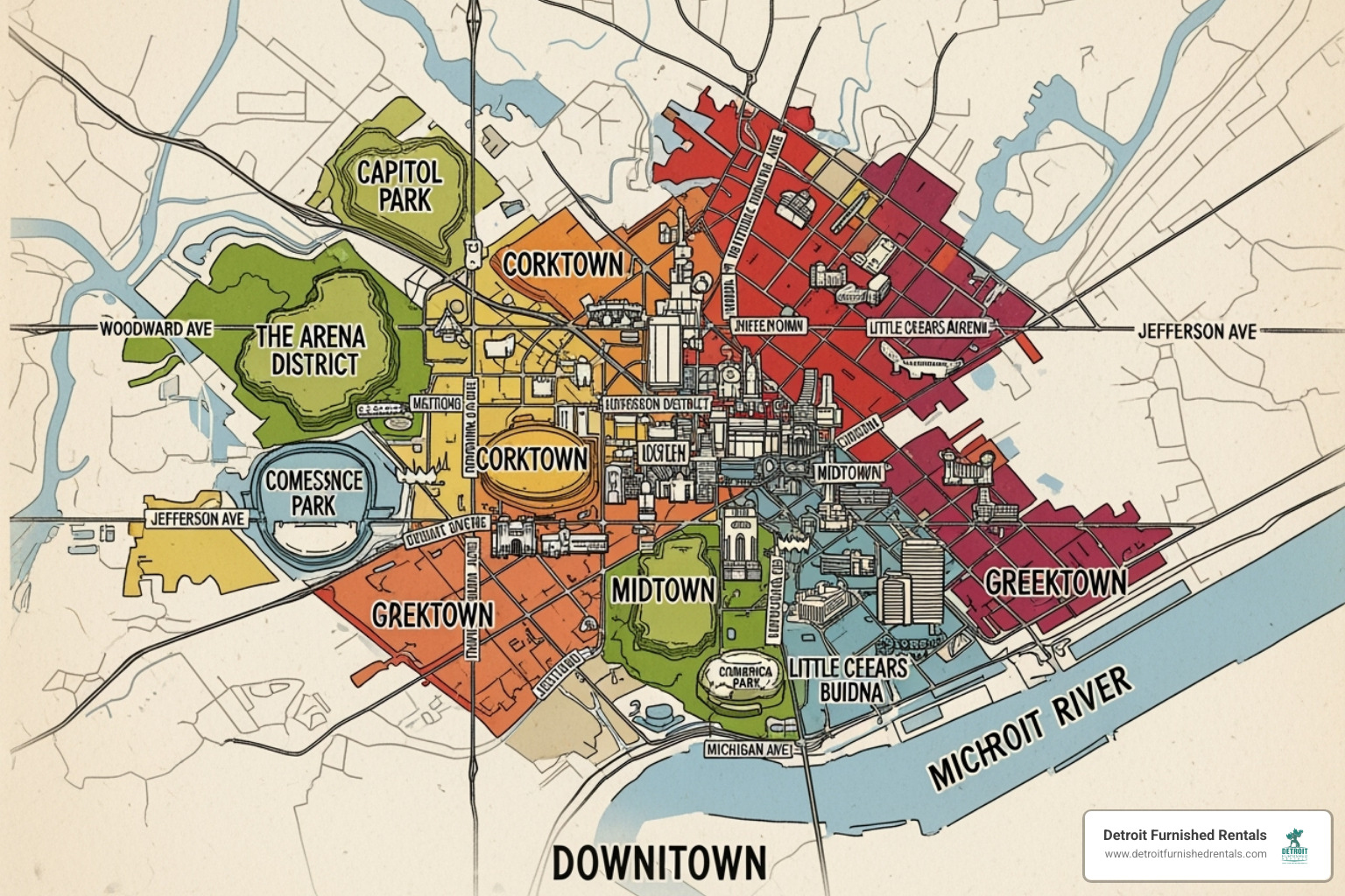 A map highlighting key downtown Detroit neighborhoods like Capitol Park and the Arena District - furnished apartments downtown detroit