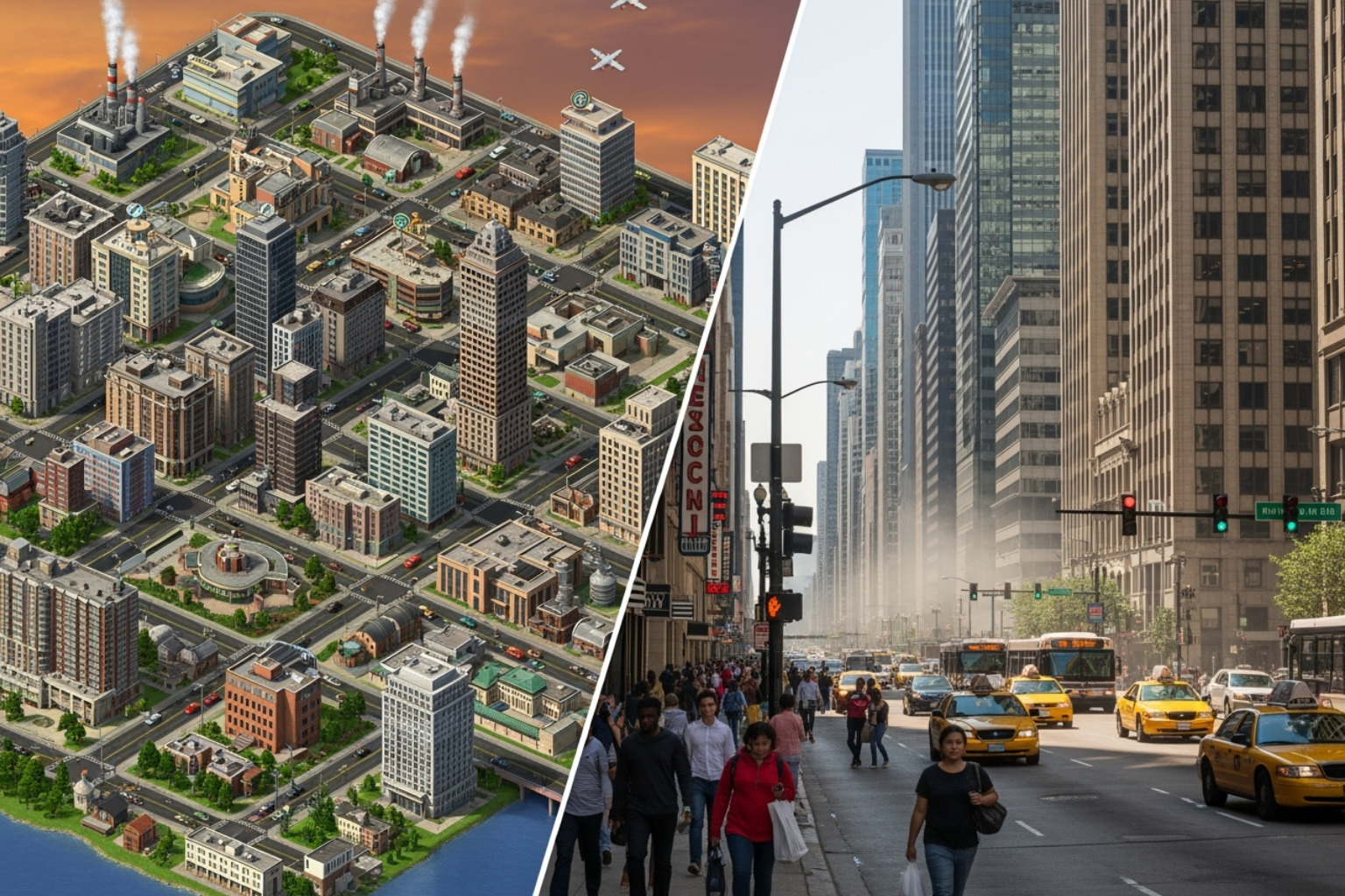 Image of a collage showing a SimCity screenshot next to a real-life vibrant city street - simp city forum