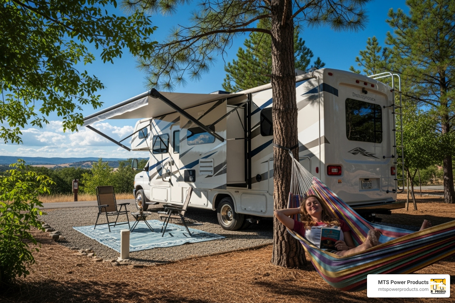 RVer relaxing in a hammock outside their RV, with a clear sky, indicating peace of mind about power - generator shore power transfer switch