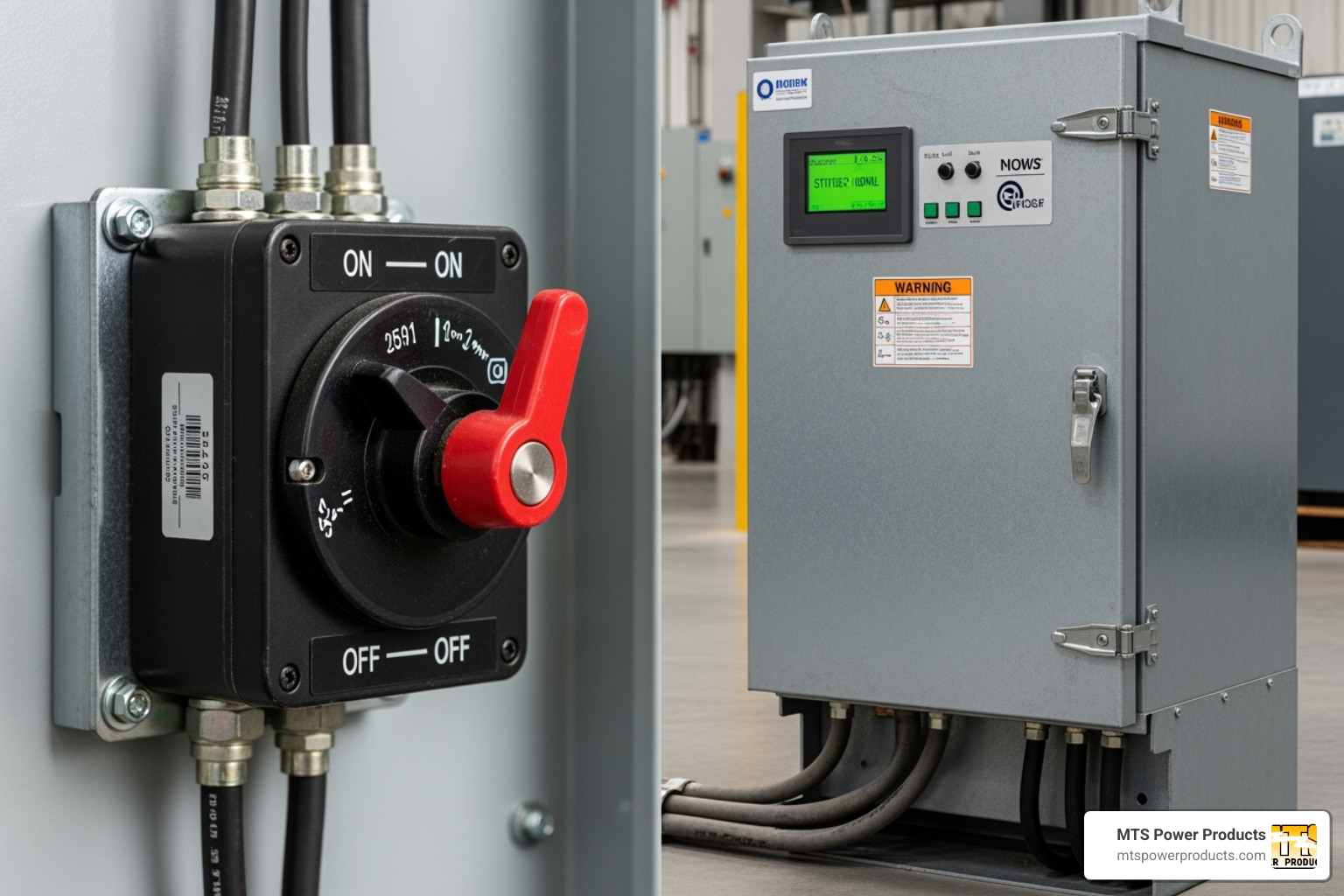 Side-by-side comparison of a manual rotary transfer switch with a large, industrial-looking automatic transfer switch box - generator shore power transfer switch