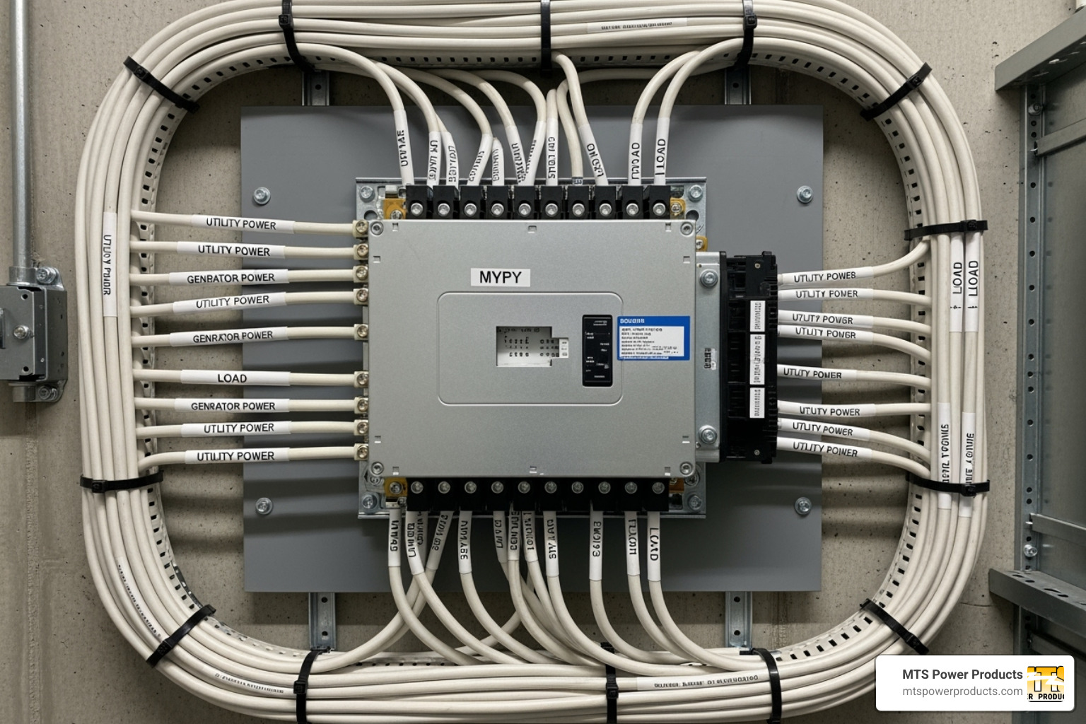 A neatly installed automatic transfer switch with clearly labeled and properly secured electrical wiring - generator shore power transfer switch