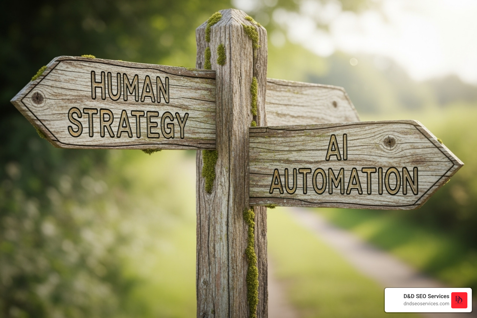 crossroads sign pointing to "Human Strategy" and "AI Automation" - artificial intelligence seo crossroads sign pointing to "Human Strategy" and "AI Automation" - artificial intelligence seo