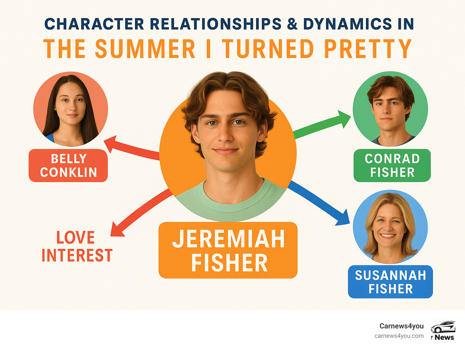 Character relationships and dynamics in The Summer I Turned Pretty showing Jeremiah Fisher at the center of family and romantic connections, including his relationship with Belly Conklin, brother Conrad Fisher, and mother Susannah Fisher - jeremiah fisher infographic 
