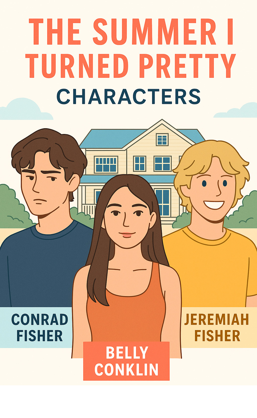 infographic showing the main characters of The Summer I Turned Pretty trilogy including Belly Conklin in the center with Conrad Fisher on one side showing his brooding personality and Jeremiah Fisher on the other side displaying his sunny golden retriever energy, with Cousins Beach house in the background - jeremiah fisher infographic 