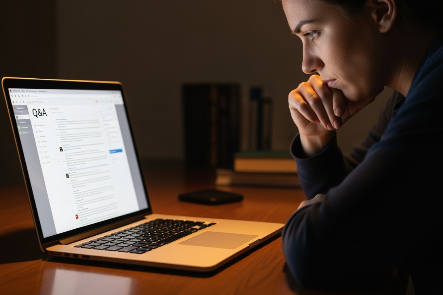 A person looking thoughtfully at a laptop screen displaying a Q&A forum - lisrctawler