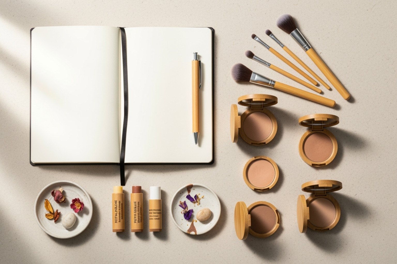 A flat lay with a notebook, pen, and various eco-friendly makeup products - lisrctawler