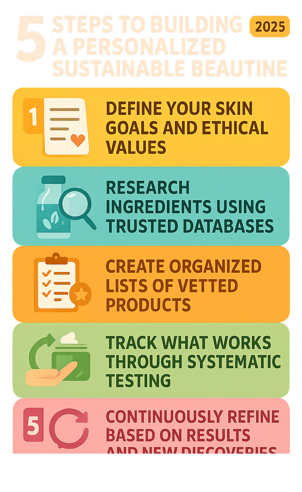 Infographic showing 5 steps to building a personalized sustainable beauty routine: Step 1 - Define your skin goals and ethical values, Step 2 - Research ingredients using trusted databases, Step 3 - Create organized lists of vetted products, Step 4 - Track what works through systematic testing, Step 5 - Continuously refine based on results and new findies - lisrctawler infographic 
