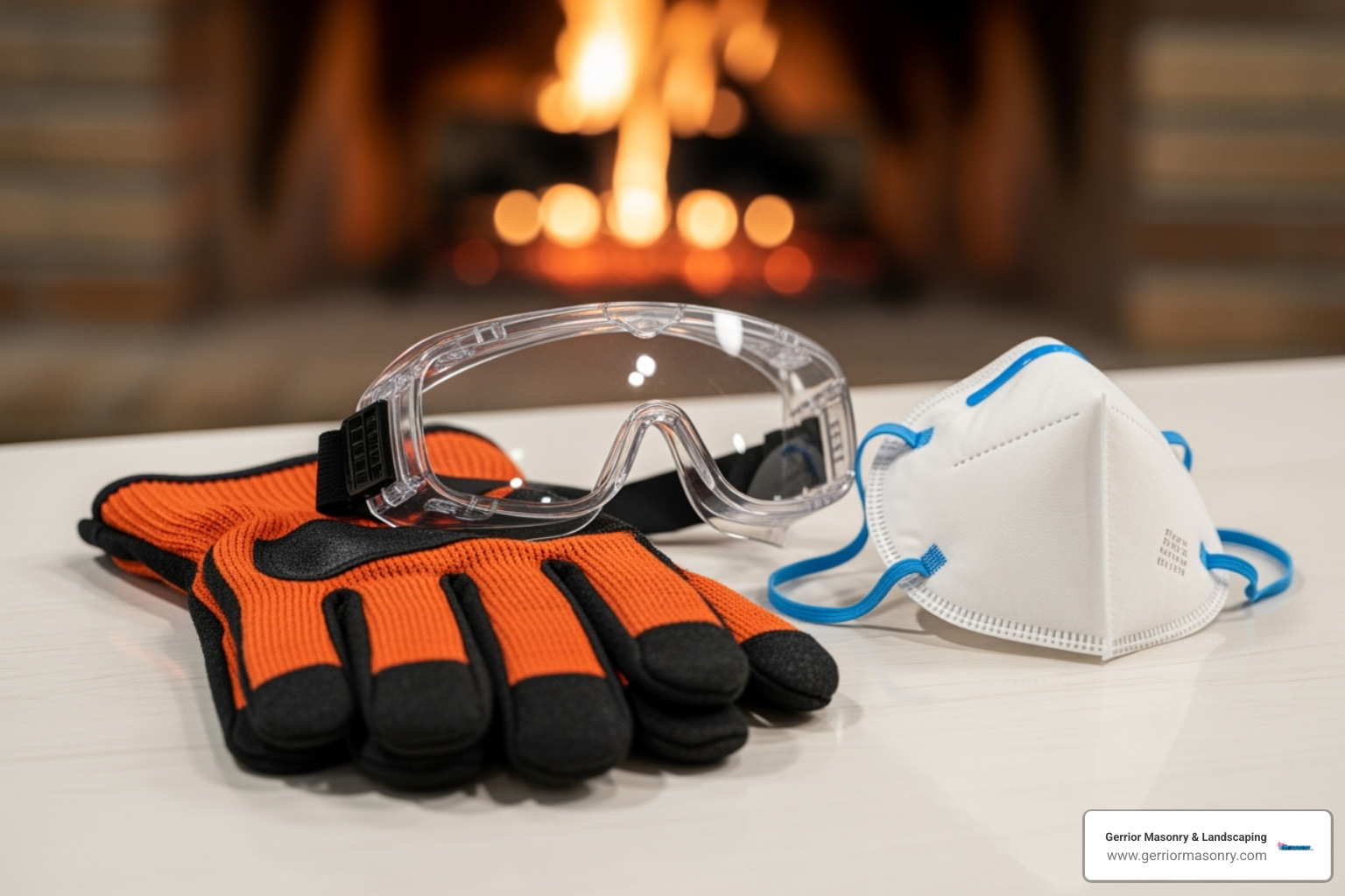 A close-up image of safety gear laid out on a clean surface, including thick heat-resistant gloves, clear safety goggles, and a face mask, with a blurred background of a fireplace area - fireplace cement