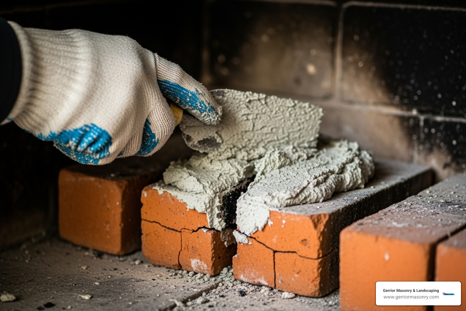 A close-up image of a hand applying fireplace cement to repair a cracked firebrick inside a fireplace, showing the texture of the cement and the damaged brick - fireplace cement