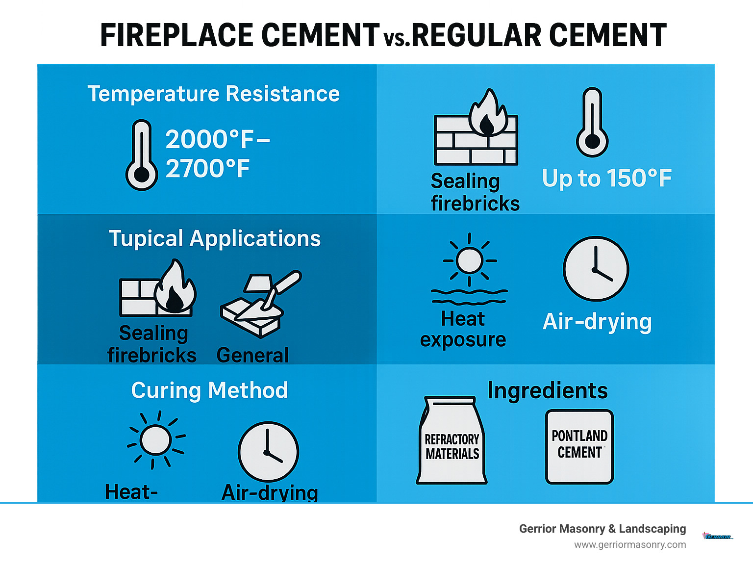 Infographic showing the key differences between fireplace cement and regular cement, including temperature resistance ratings, typical applications like sealing firebricks versus general construction, curing methods through heat exposure versus air-drying, and ingredient composition featuring refractory materials versus standard portland cement - fireplace cement infographic 