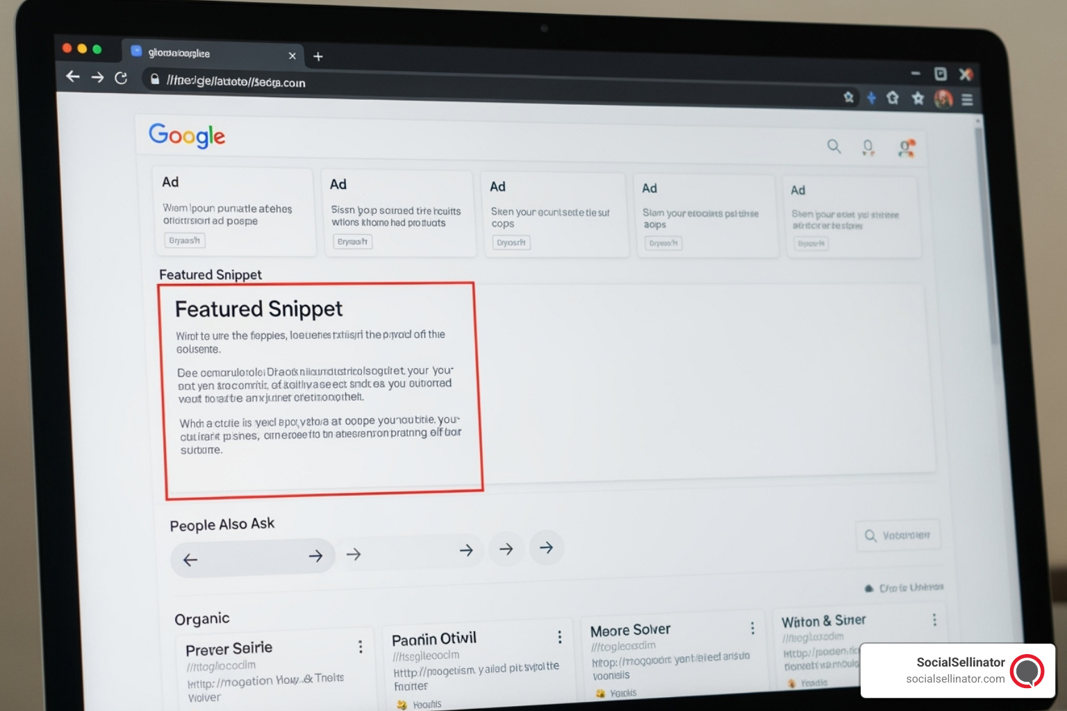 A screenshot of a Google Search Engine Results Page with various features like ads, featured snippets, and "People Also Ask" sections highlighted, demonstrating different elements of search results. - seo content creation