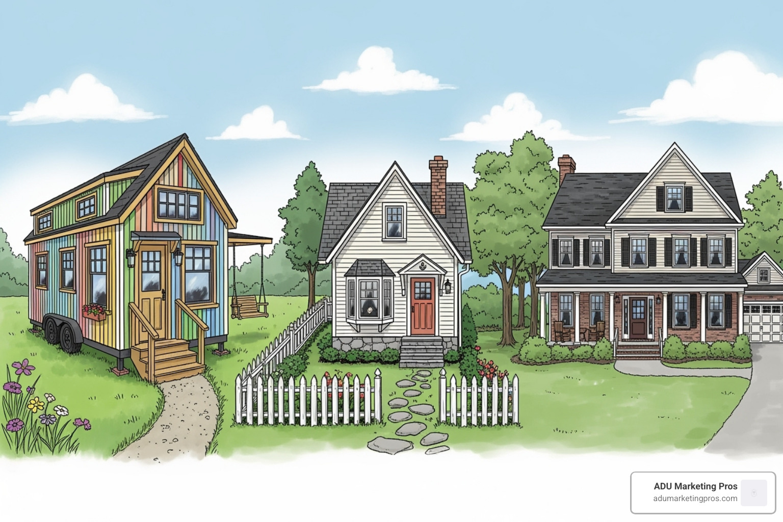 simple diagram illustrating the legal differences and placement options for a Tiny House on Wheels (THOW), a tiny house on a foundation (ADU), and a traditional home on a residential lot - tiny house in southern california