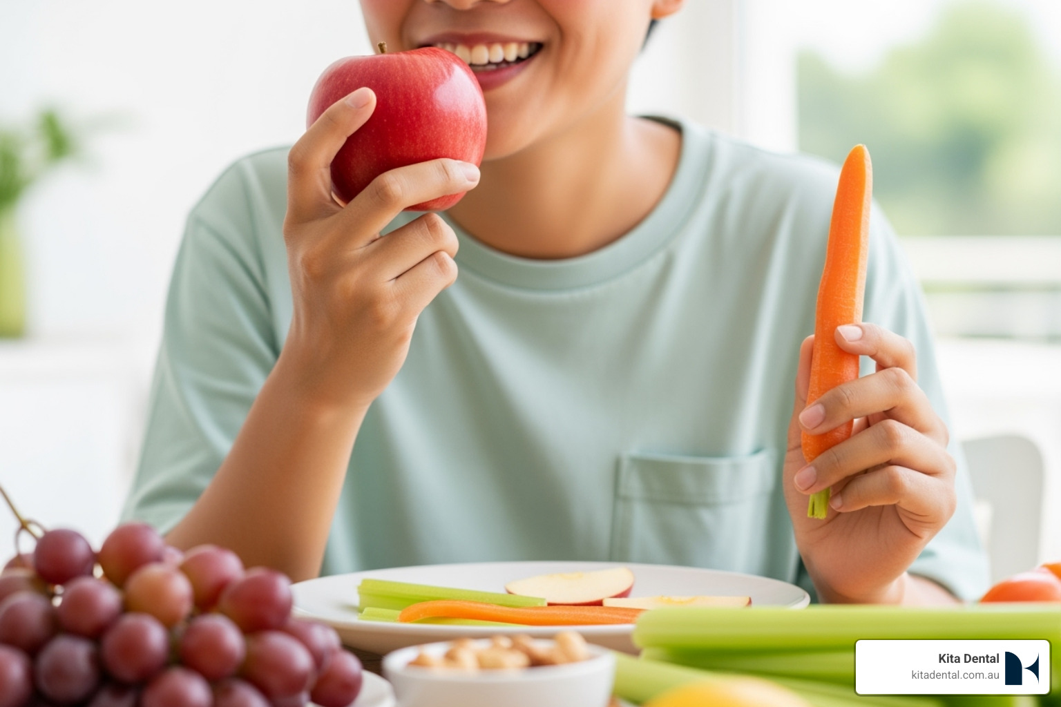 a person smiling while eating healthy foods like apples and carrots - teeth whitening brookvale a person smiling while eating healthy foods like apples and carrots - teeth whitening brookvale