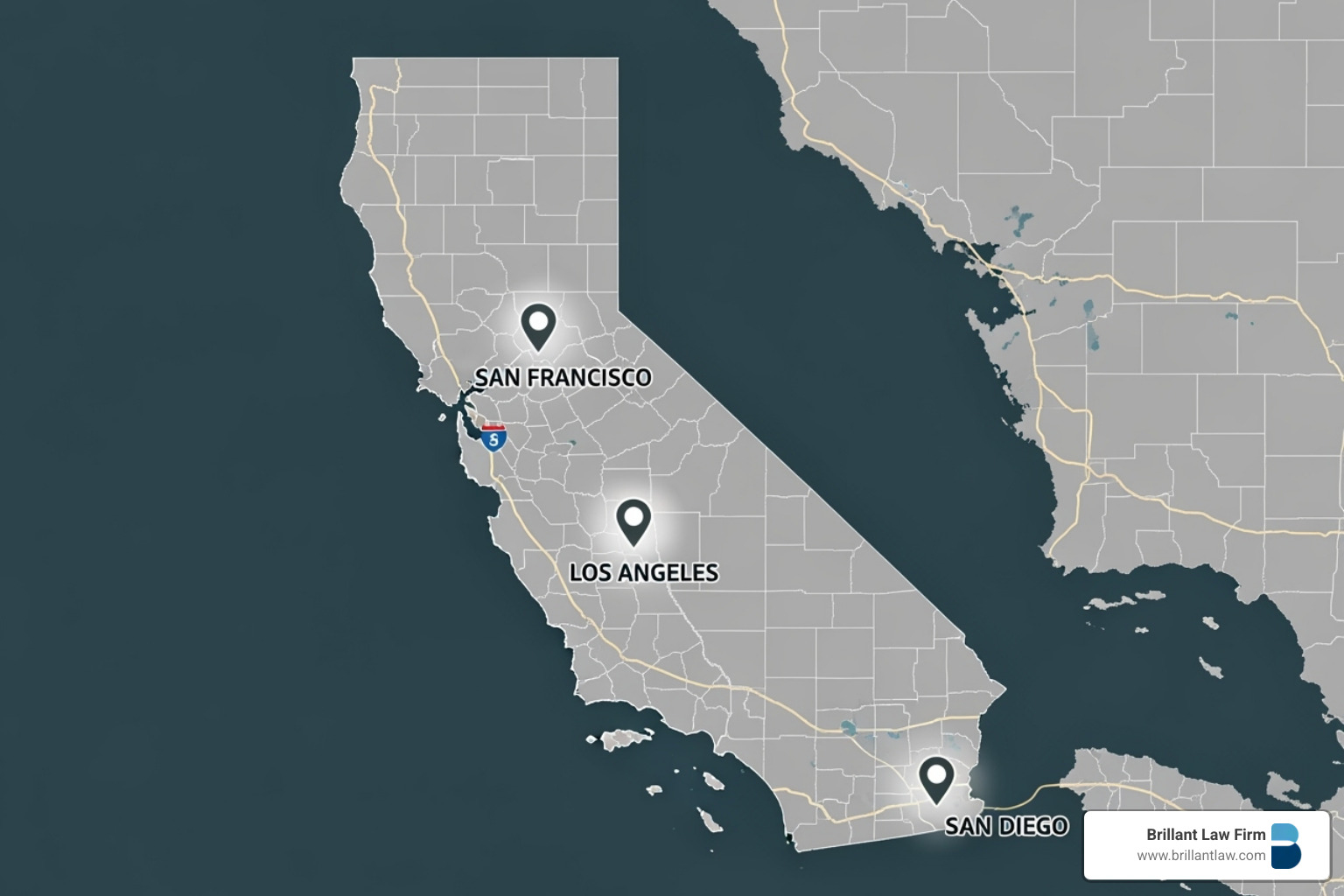 Map of California highlighting key business hubs like San Francisco, Los Angeles, and San Diego, emphasizing the firm's statewide reach and expertise in California tax law.