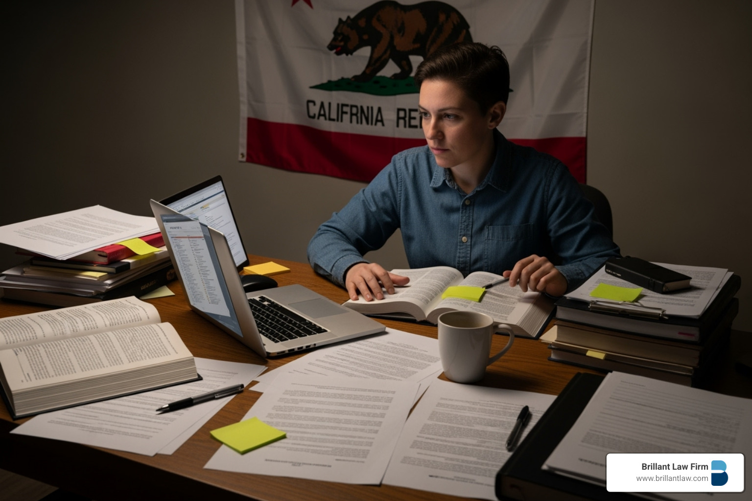 A person researching lawyers on a laptop, surrounded by legal documents and a California flag, symbolizing the importance of due diligence in finding the right California tax attorney.