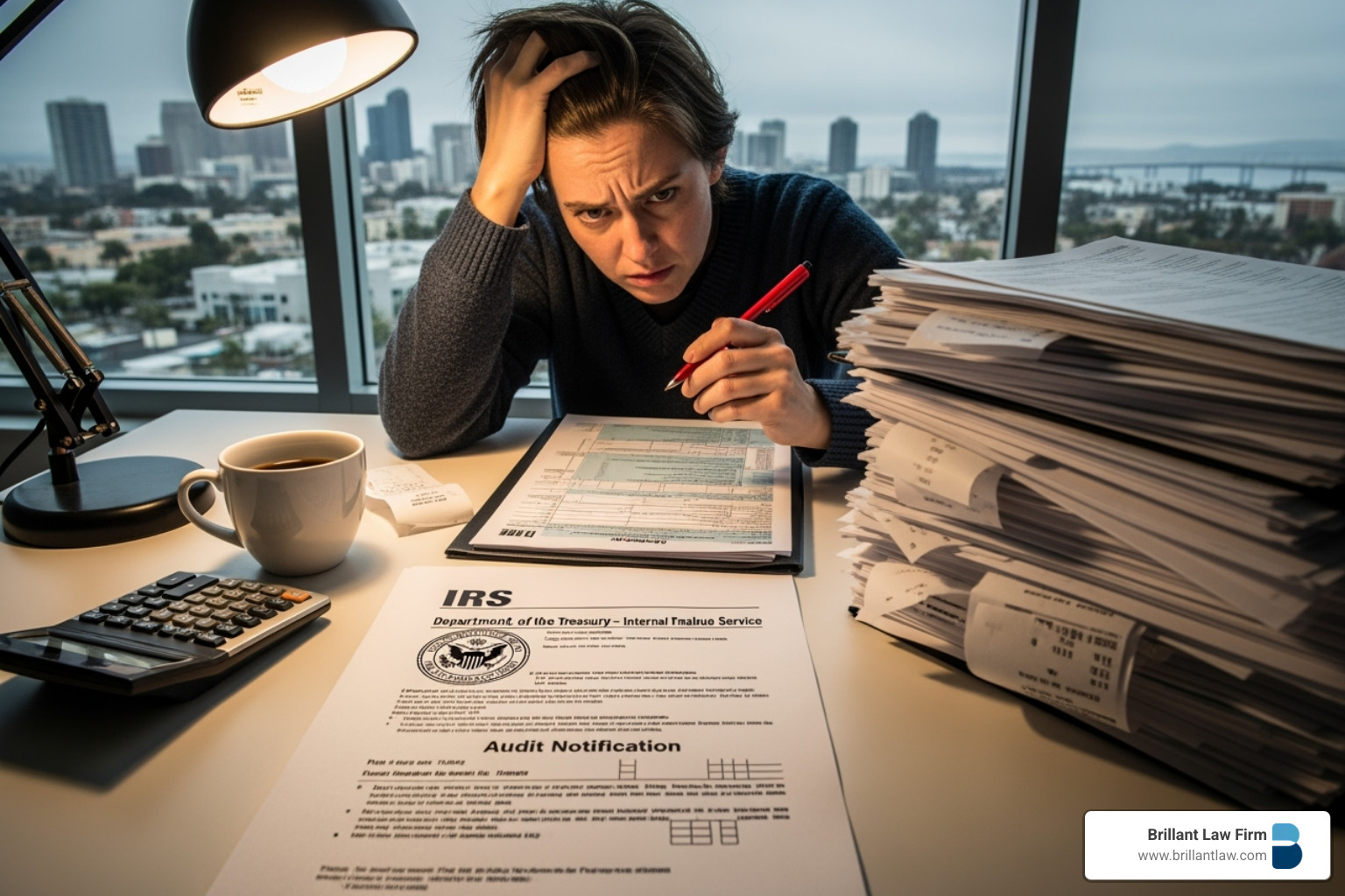 Stressed person looking at tax documents, with an overlay of an official IRS audit letter and the Chula Vista skyline in the background, symbolizing the urgency of tax issues in California.