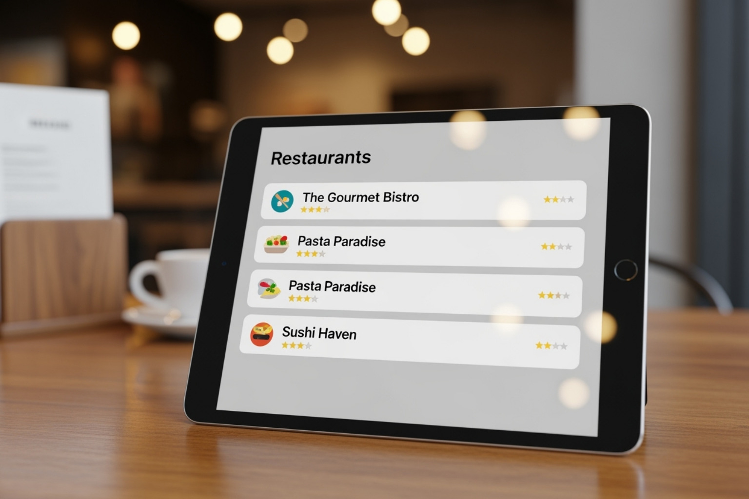 stylized list of restaurants on a tablet screen - lisrctawler