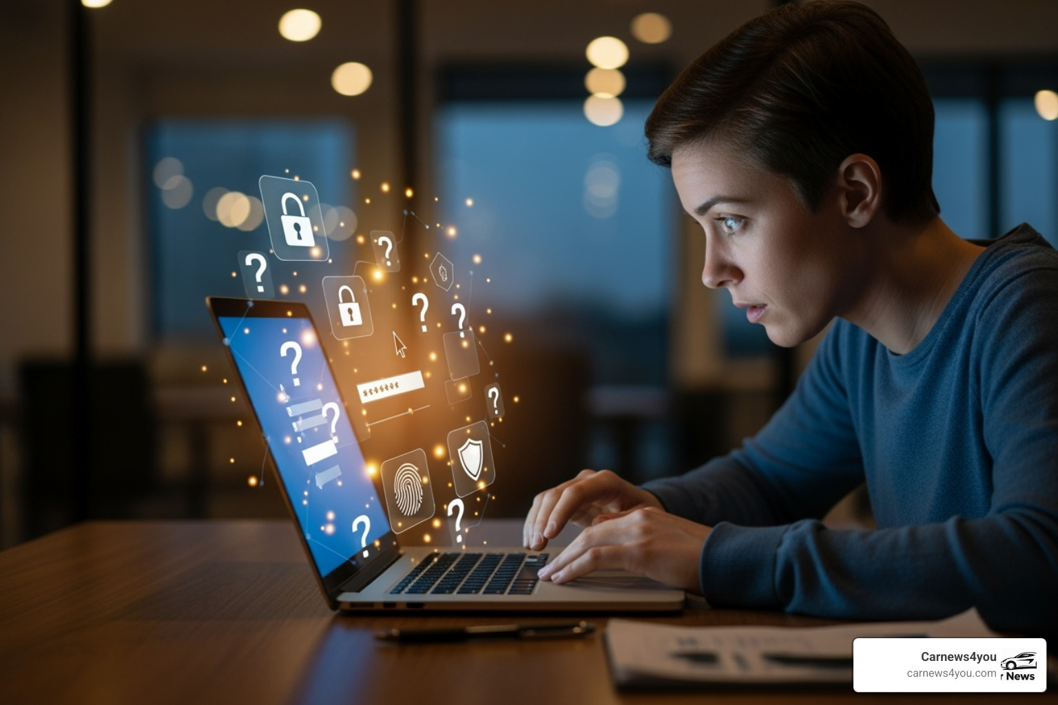 A user cautiously verifying information on a laptop, with security icons and question marks floating around the screen - lisrctawler
