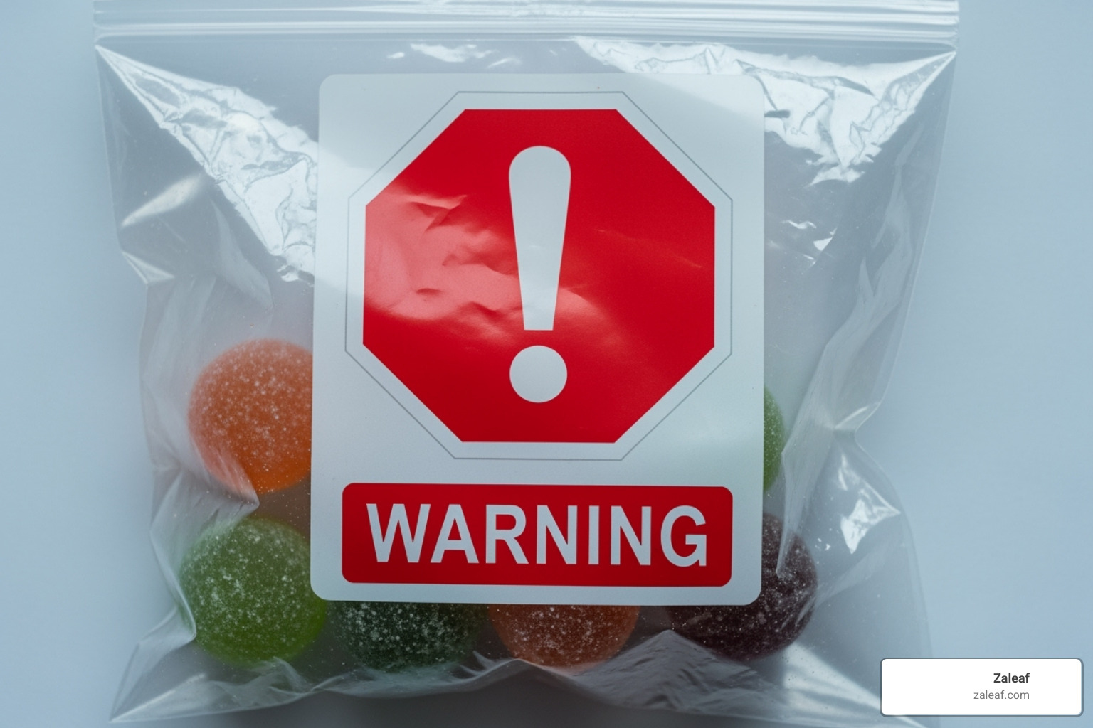 Warning sign over a generic, poorly packaged gummy product - THC gummies cheap