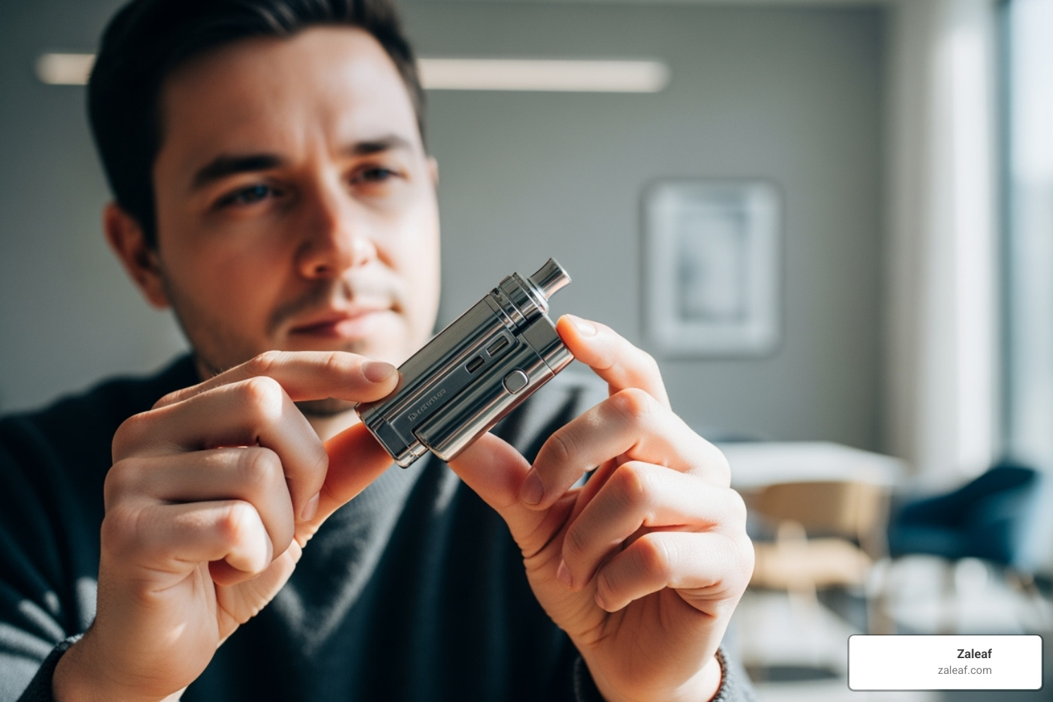 a person thoughtfully looking at a vape battery in a clean, modern setting - vape cartridge battery