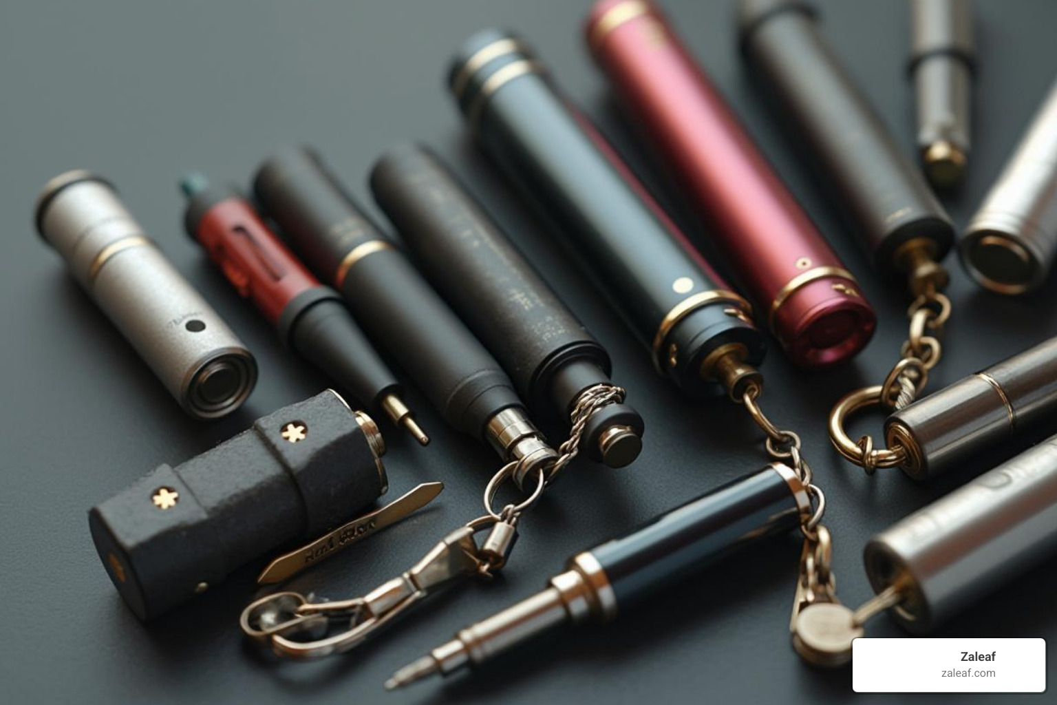 a few different styles of vape batteries, like a pen, a small box, and a key fob style - vape cartridge battery