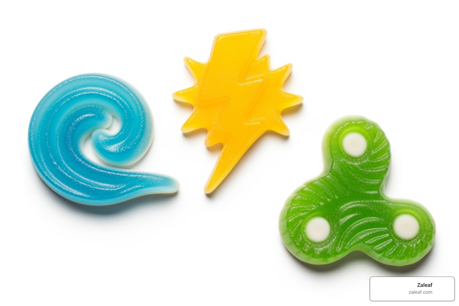 three different gummy types arranged to represent different moods (e.g., calm blue, energetic yellow, balanced green) - top THC gummies