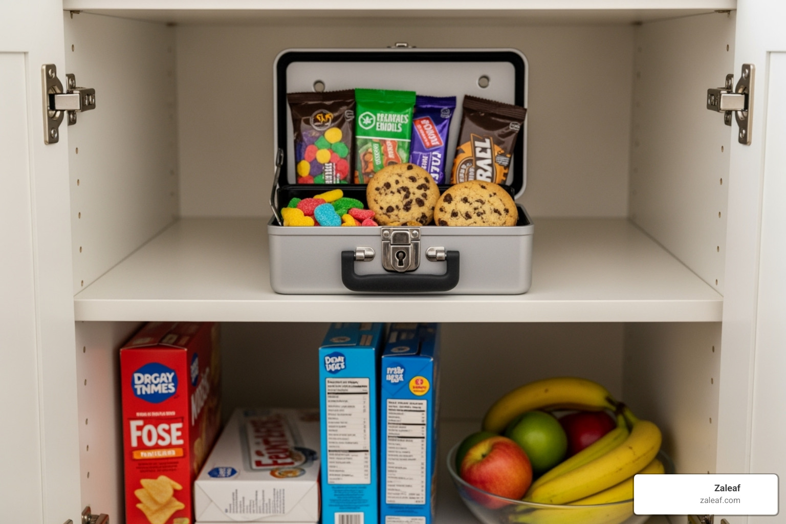 Edibles stored safely in a locked box, away from other snacks and out of reach - cannabis edibles 101