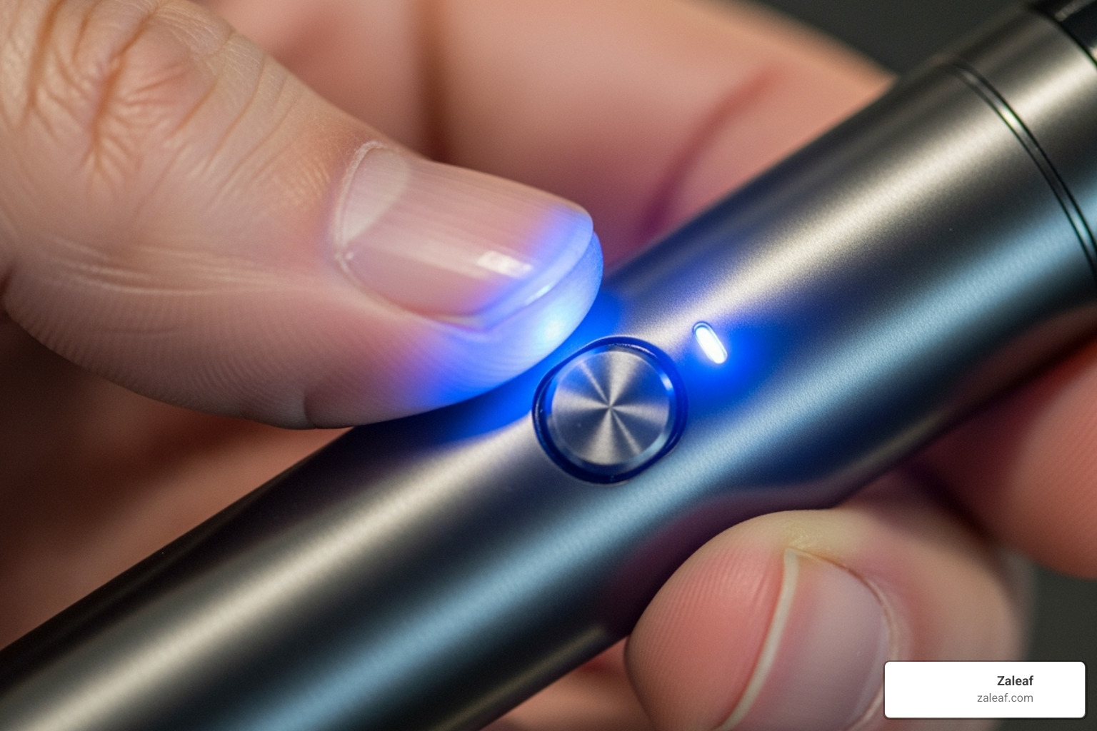 finger pressing the button on a vape pen, with the light illuminated - how to use vape cartridge battery