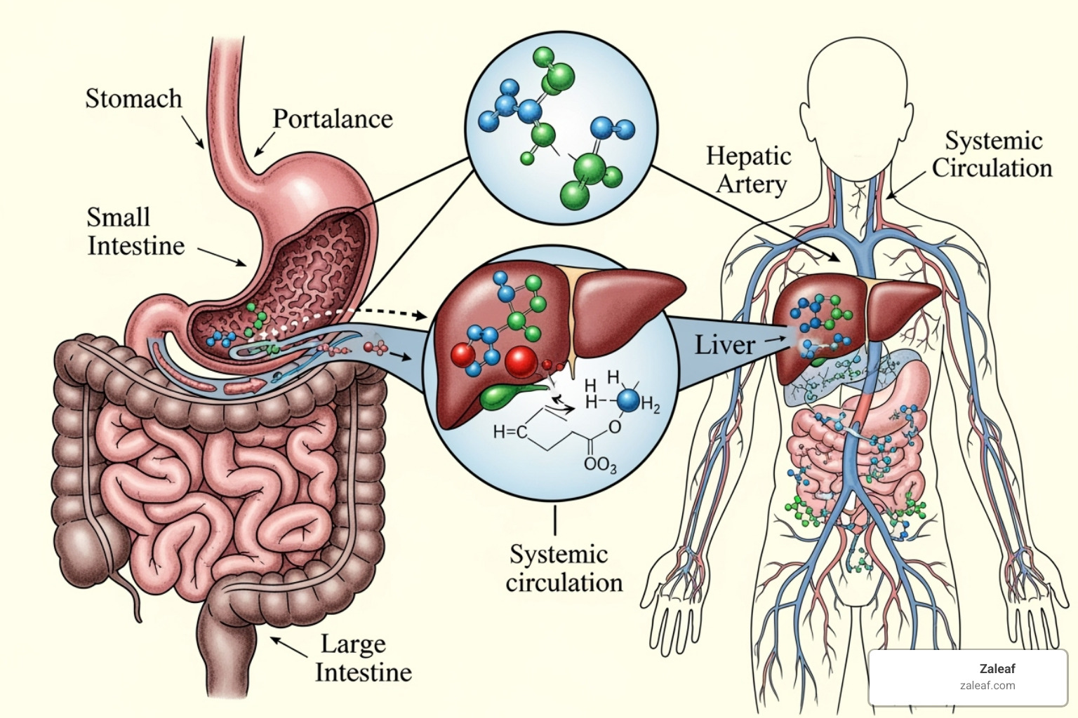 A diagram showing the metabolic pathway of an edible, illustrating absorption in the stomach and intestines, processing in the liver (showing conversion of Delta-9 THC to 11-hydroxy-THC), and subsequent distribution throughout the body - cannabis edibles 101