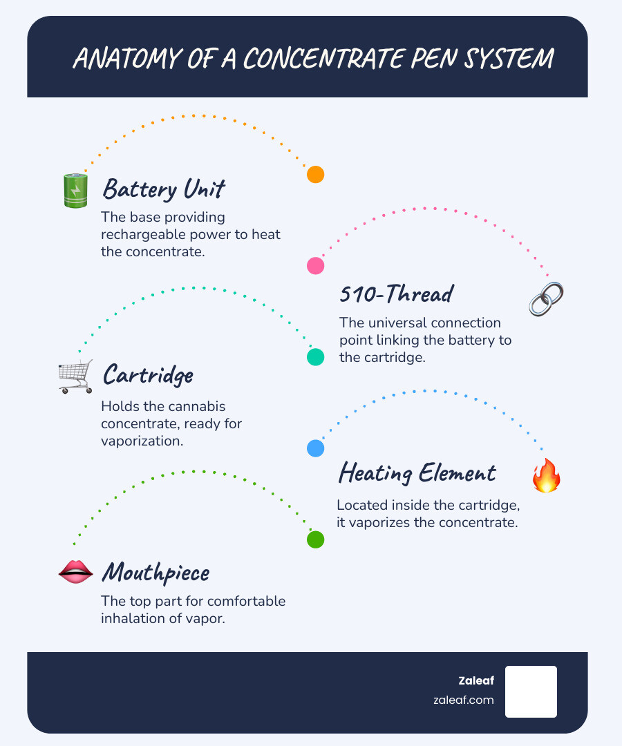 Infographic showing the anatomy of a concentrate pen battery system with three main components: the rechargeable battery unit at the bottom providing power through 510-thread connection, the cartridge in the middle containing cannabis concentrate with ceramic heating element, and the mouthpiece at the top for inhalation, with arrows showing power flow and vapor path - concentrate pen battery infographic infographic-line-5-steps-blues-accent_colors