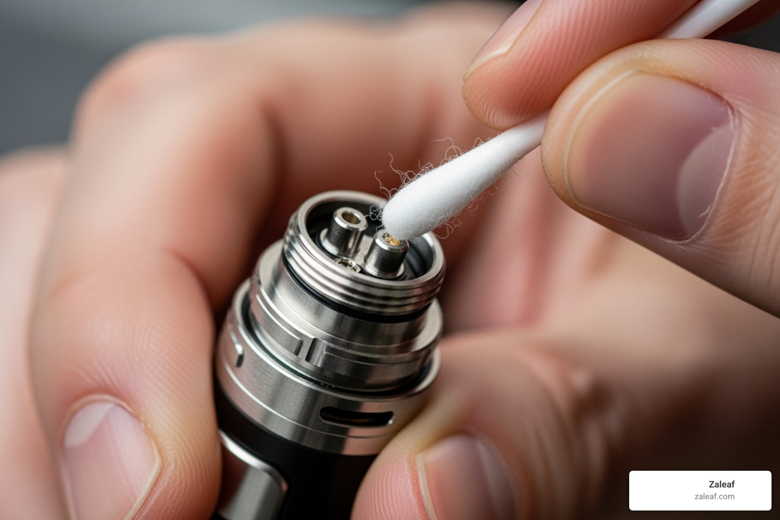 person cleaning the 510-thread connection on a Zaleaf battery with a cotton swab - concentrate pen battery