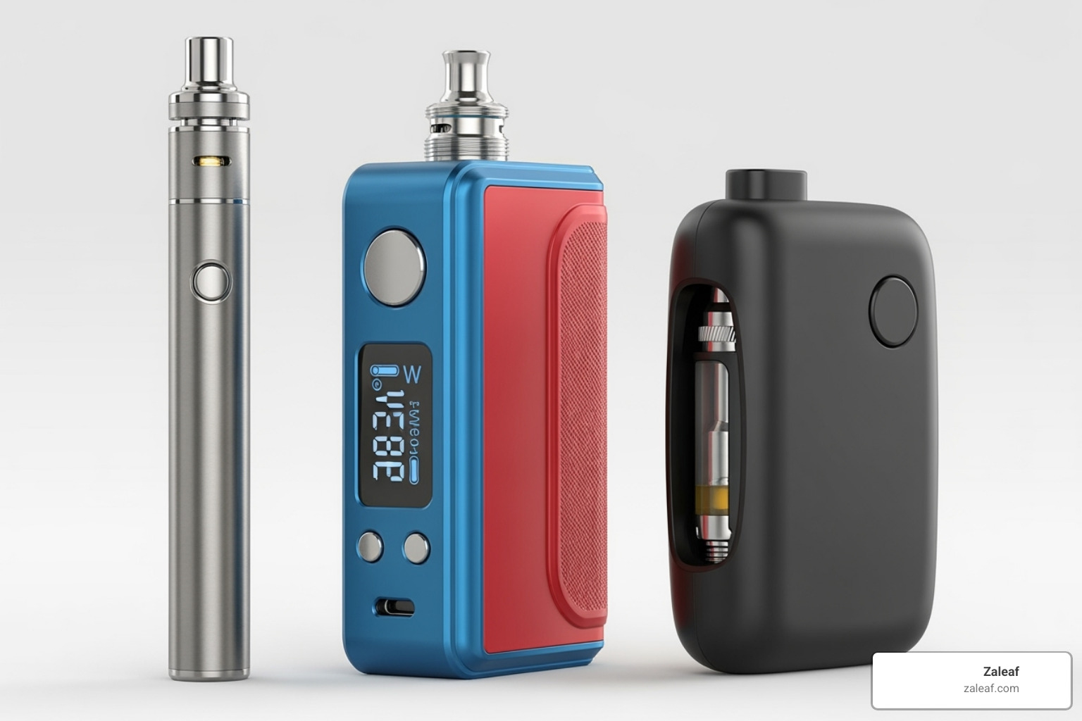 side-by-side comparison of a slim Zaleaf pen-style battery, a Zaleaf box mod, and a Zaleaf concealed battery - concentrate pen battery