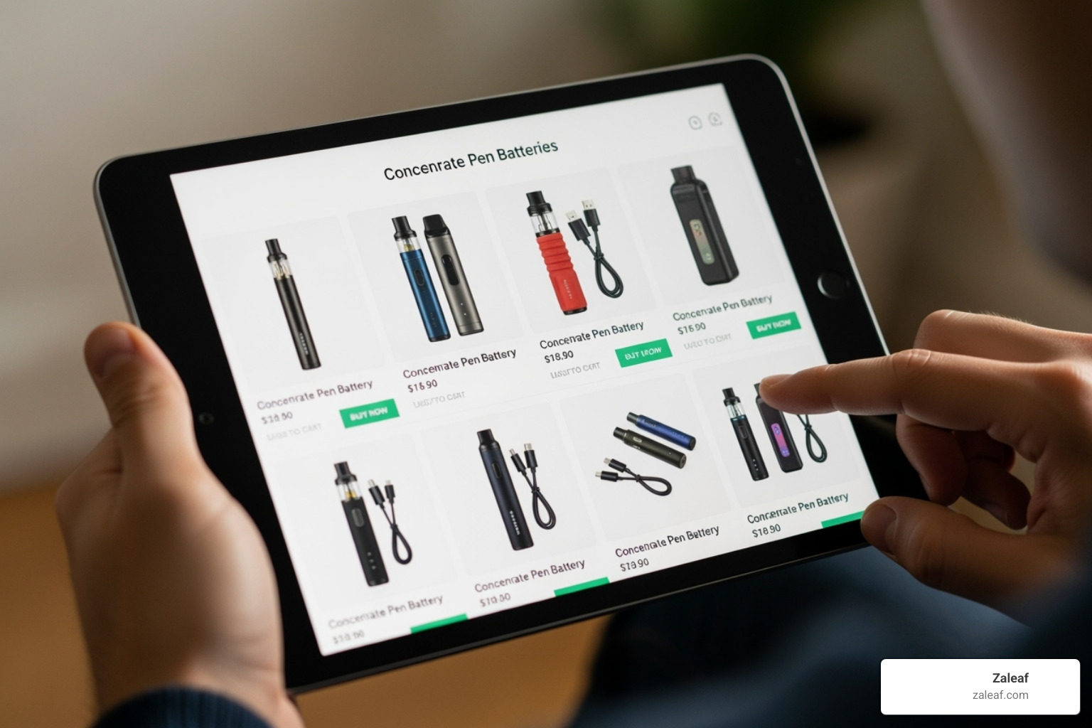 person browsing the Zaleaf online store for vape batteries on a tablet - concentrate pen battery