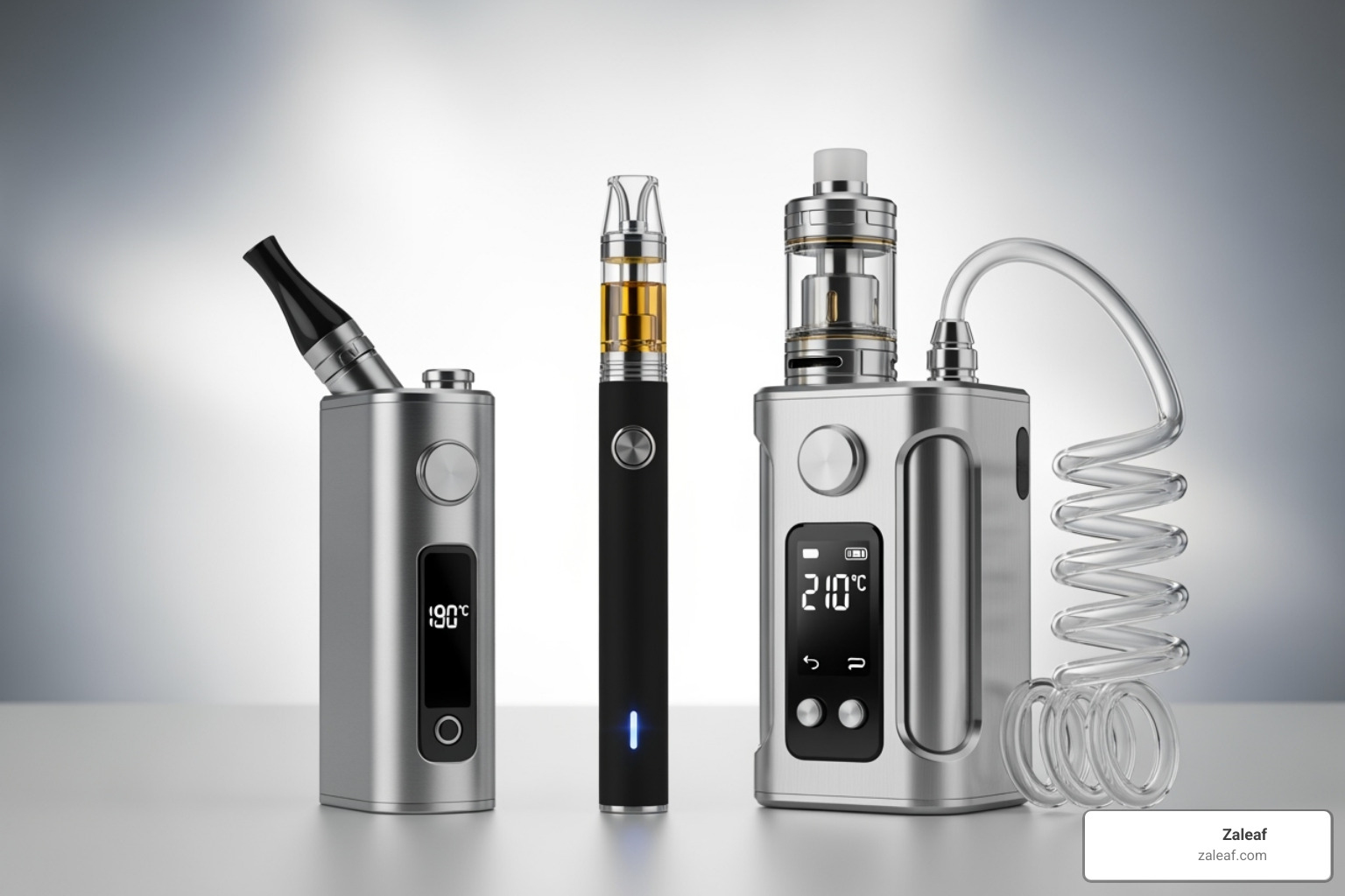Three main types of Zaleaf vaporizers: a sleek dry herb vape, a modern vape pen with a pre-filled cartridge, and a sophisticated desktop unit - cannabis vape device