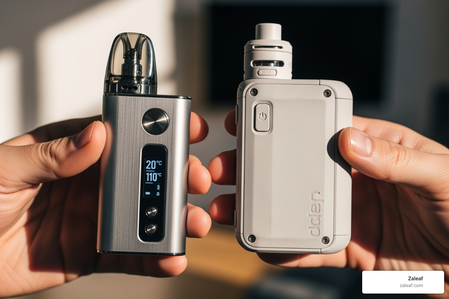 A person comparing two different Zaleaf portable vaporizers, highlighting the decision-making process for choosing a device - cannabis vape device
