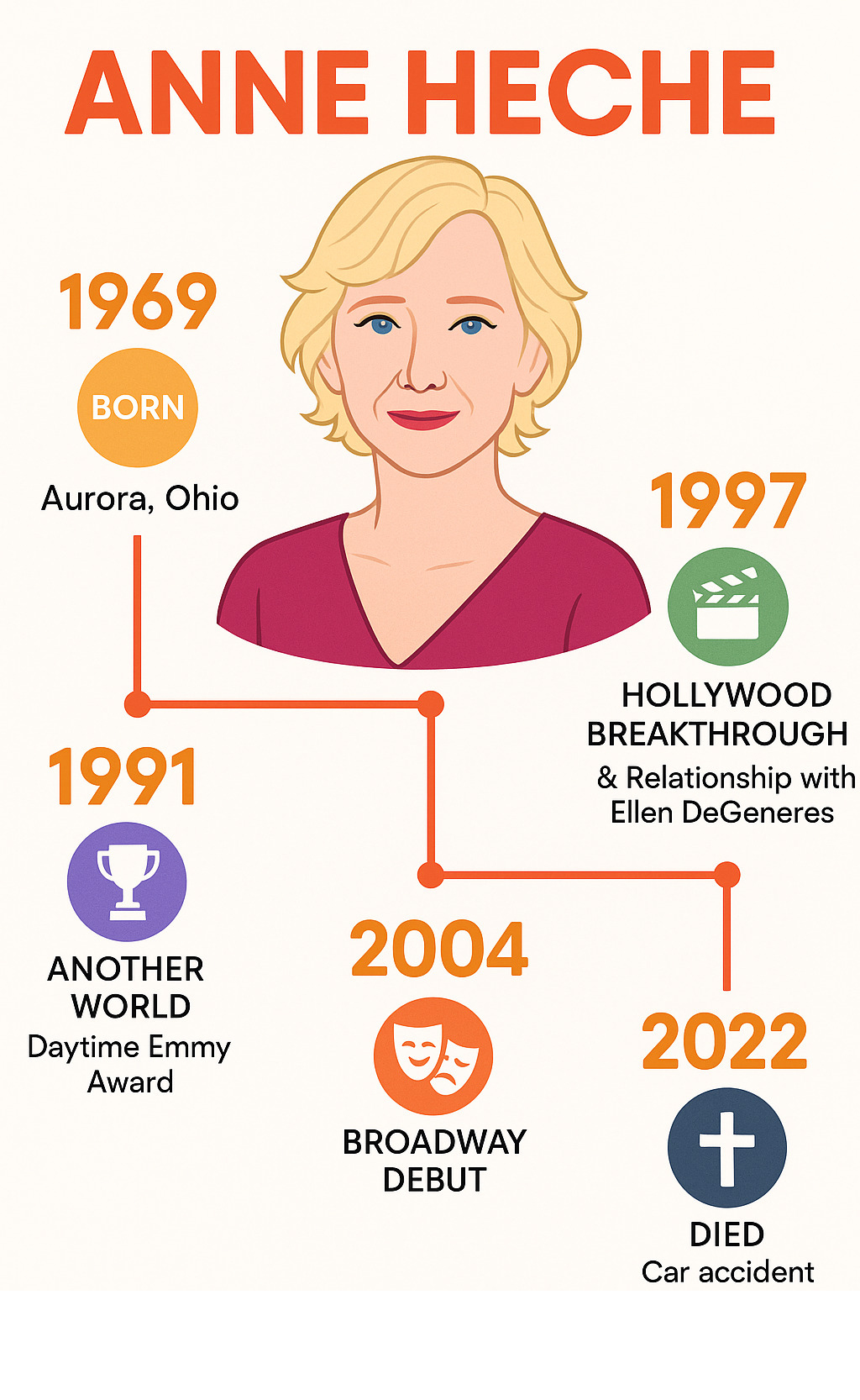 Timeline showing Anne Heche's major life events from birth in 1969 through her career milestones including Another World success, Hollywood breakthrough films, relationship with Ellen DeGeneres, Broadway work, and tragic death in 2022 - anne heche infographic 