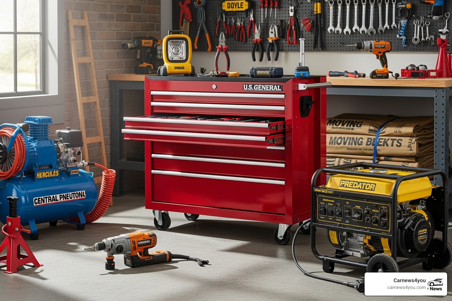 A variety of popular Harbor Freight tools, such as a U.S. General tool chest and a Predator generator - harbor freight A variety of popular Harbor Freight tools, such as a U.S. General tool chest and a Predator generator - harbor freight