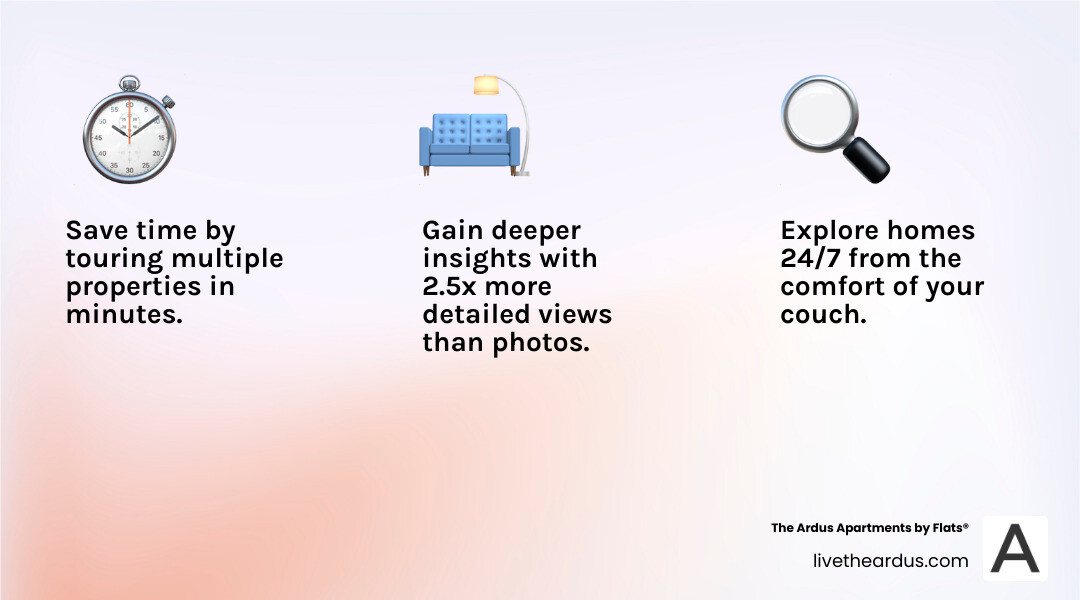 Benefits of apartment video tours including time savings, 24/7 availability, ability to tour multiple properties quickly, perfect for long-distance moves, and detailed property exploration from home - apartment video tour infographic 3_facts_emoji_light-gradient