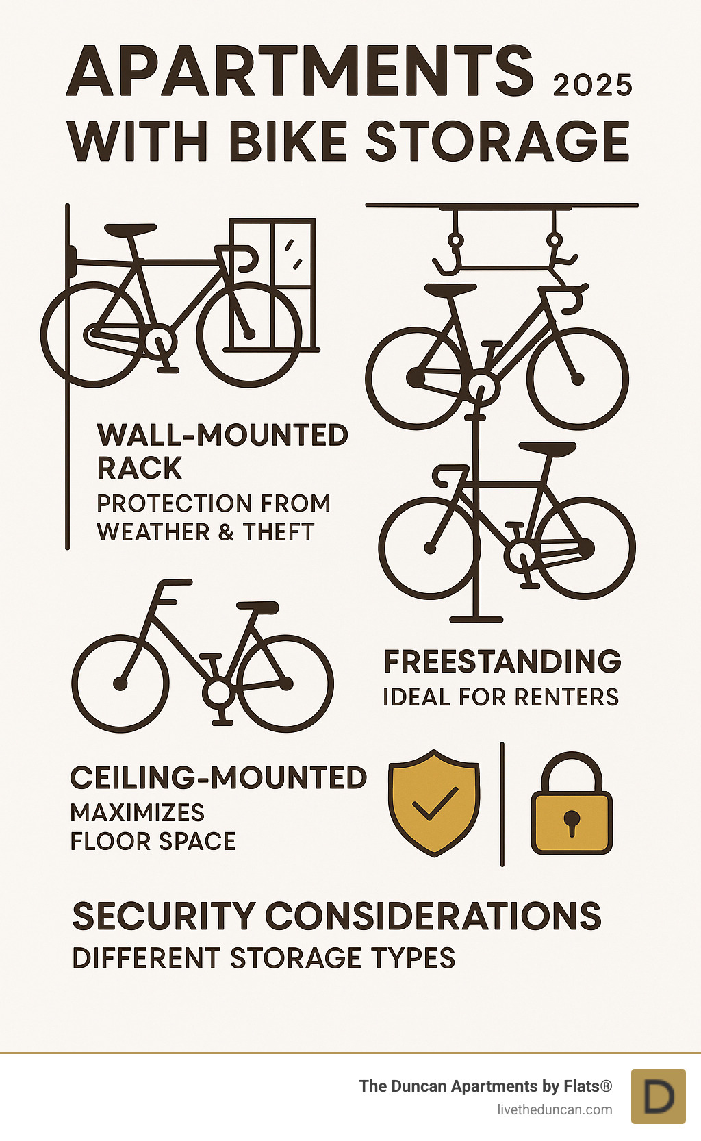 Comprehensive apartment bike storage comparison showing wall-mounted racks protecting bikes from weather and theft, freestanding options for renters, ceiling systems maximizing floor space, and security considerations for different storage types - Apartments with bike storage infographic Comprehensive apartment bike storage comparison showing wall-mounted racks protecting bikes from weather and theft, freestanding options for renters, ceiling systems maximizing floor space, and security considerations for different storage types - Apartments with bike storage infographic