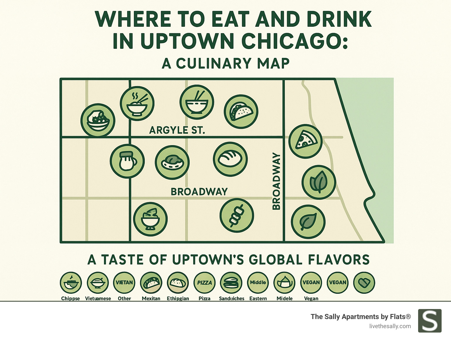 Detailed culinary map of Uptown Chicago showing restaurant locations along Argyle Street, Broadway, and Wilson Avenue with cuisine type icons and neighborhood boundaries marked - best restaurants in uptown chicago il infographic 