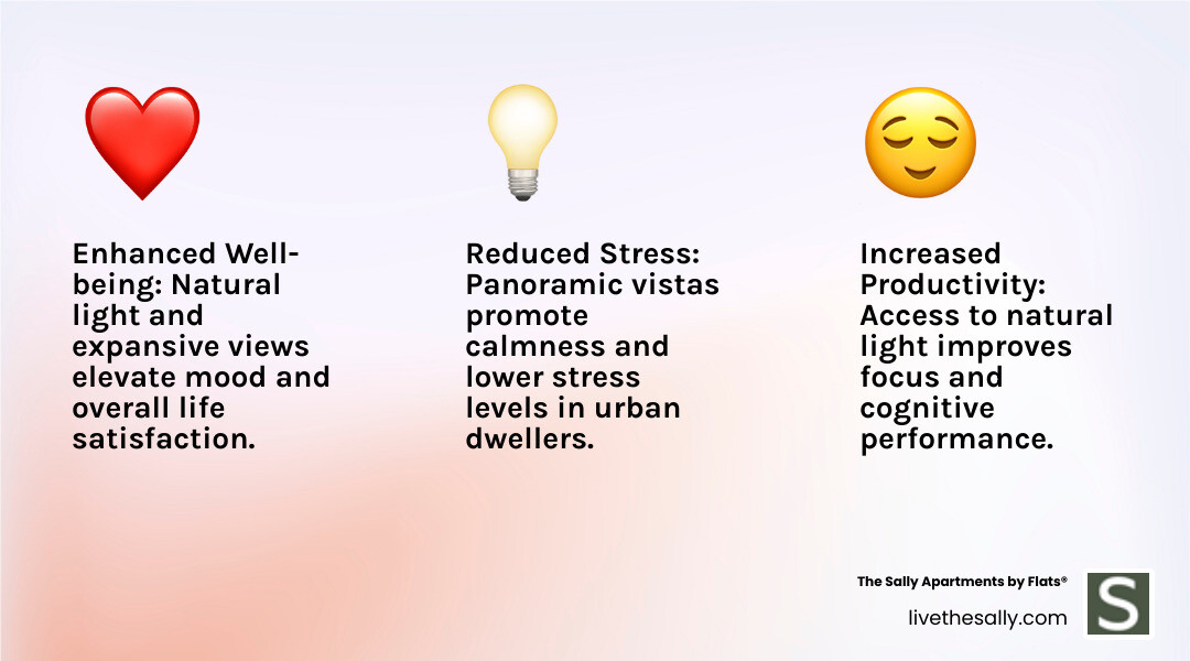 Infographic showing the psychological benefits of natural light and city views on resident well-being, productivity, and stress reduction in luxury apartment living - Luxury apartments with views infographic 3_facts_emoji_light-gradient Infographic showing the psychological benefits of natural light and city views on resident well-being, productivity, and stress reduction in luxury apartment living - Luxury apartments with views infographic 3_facts_emoji_light-gradient