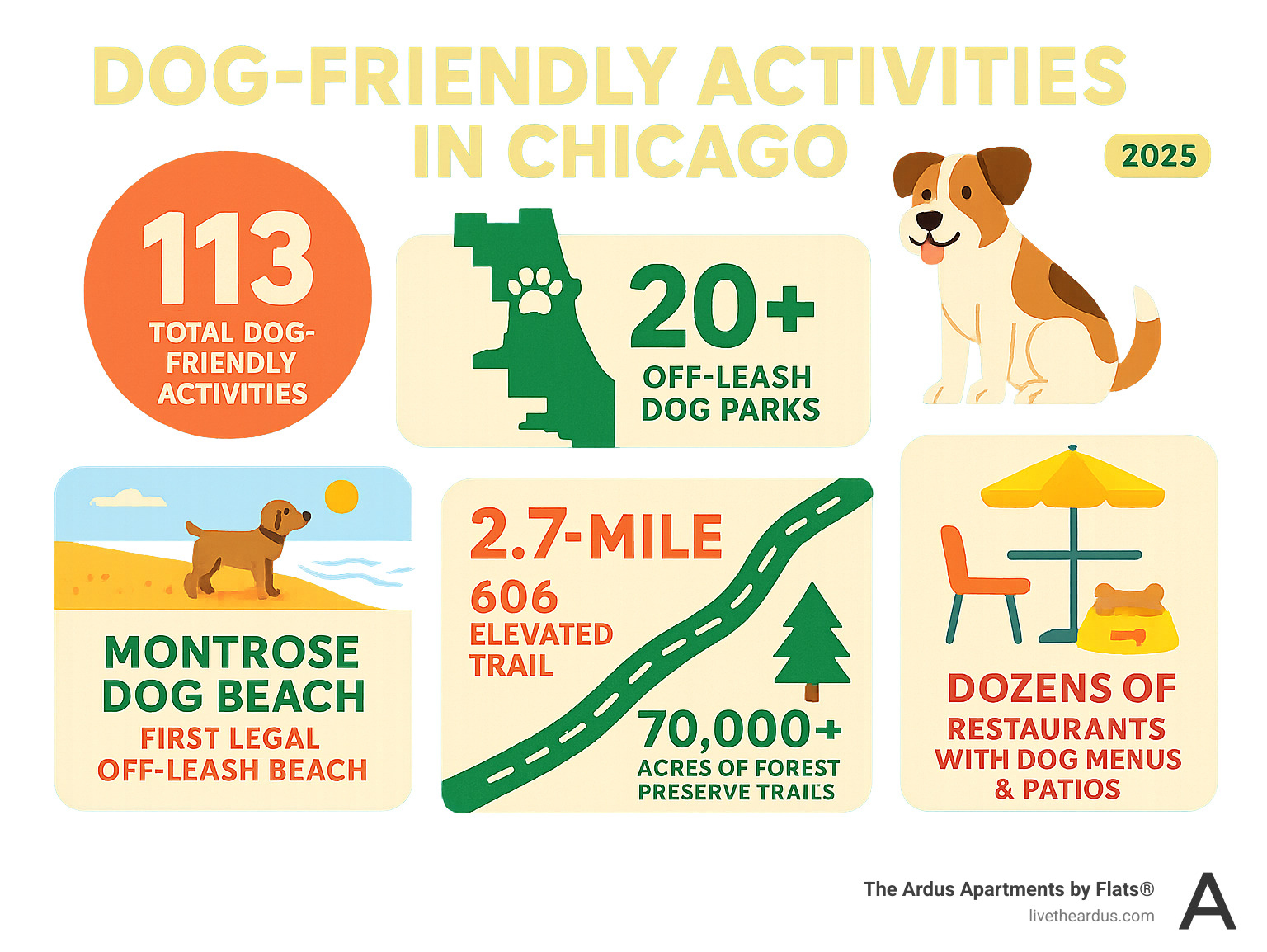 Infographic showing Chicago's dog-friendly statistics: 113 total dog-friendly activities, 20+ off-leash dog parks, Montrose Dog Beach as the city's first legal off-leash beach, 2.7-mile 606 liftd trail, over 70,000 acres of Forest Preserve trails, and dozens of restaurants with dedicated dog menus and patios - dog friendly activities chicago infographic Infographic showing Chicago's dog-friendly statistics: 113 total dog-friendly activities, 20+ off-leash dog parks, Montrose Dog Beach as the city's first legal off-leash beach, 2.7-mile 606 liftd trail, over 70,000 acres of Forest Preserve trails, and dozens of restaurants with dedicated dog menus and patios - dog friendly activities chicago infographic