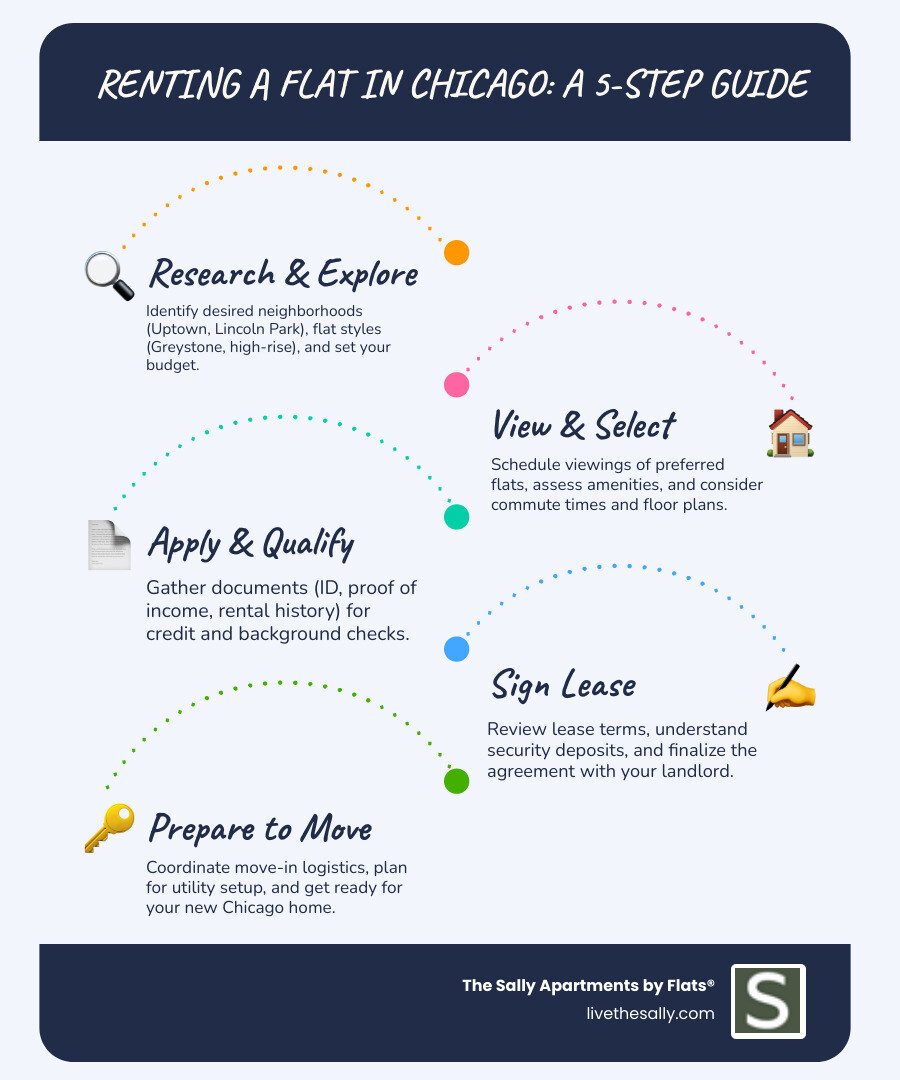 Comprehensive guide showing the apartment hunting process in Chicago from initial search through lease signing, including neighborhood research, viewing scheduling, application requirements, and move-in preparation - chicago flats for rent infographic infographic-line-5-steps-blues-accent_colors