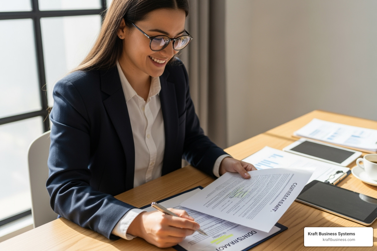 Person reviewing a contract with a smile - All-in-one printer leasing